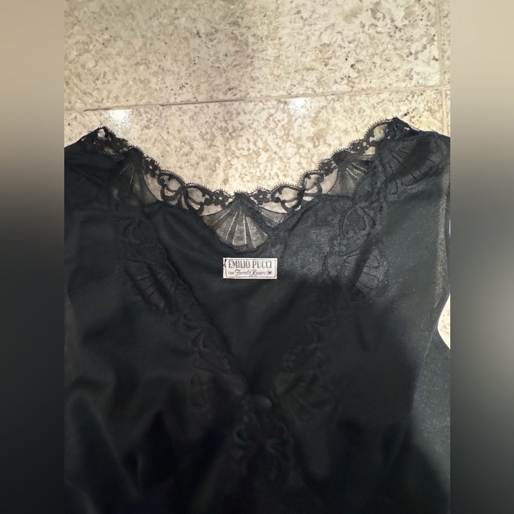 EMILIO PUCCI Black Lace Trimmed Negligee Set Nightgown Robe M - Picture 14 of 16